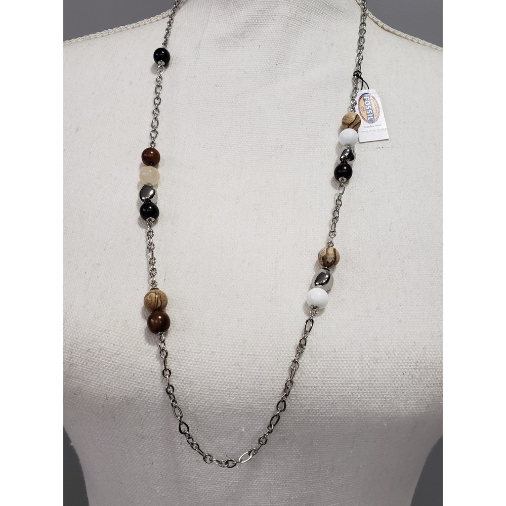 NEW Fossil Silver Tone Mixed Stone Round Bead Necklace long 32" abstract natural